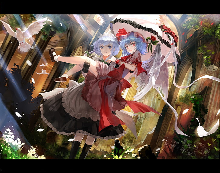 animal, bird, blue, bow, dress, eyes, feathers, flowers, gloves, grass, gray, hair, hat, leaves, petals, red, ribbons, rose, touhou, umbrella, wings, HD wallpaper
