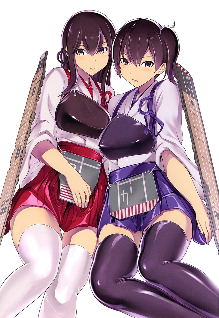 two female anime characters illustration, Kantai Collection, skirt, tight clothing, thigh-highs, Kaga (KanColle), Akagi (KanColle), HD wallpaper
