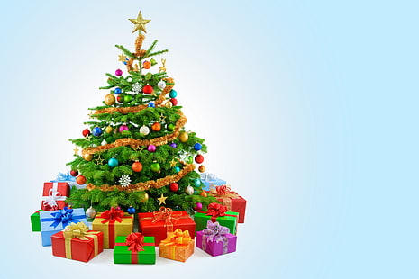 pohon Natal hijau, pohon, Tahun Baru, Natal, dekorasi, Selamat, Wallpaper HD HD wallpaper