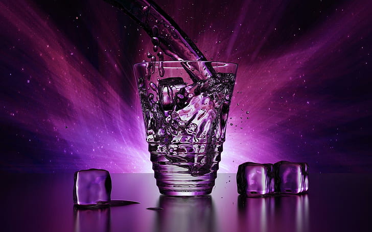 Water Ice, icicles, sprays, water, clear, shine, purple, light, drops, brightness, beauty, glass, 3d and abst, HD wallpaper