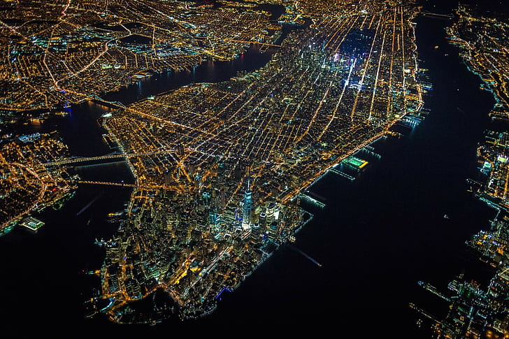 New York City USA Nacht Stadt Insel Luftbild, HD-Hintergrundbild