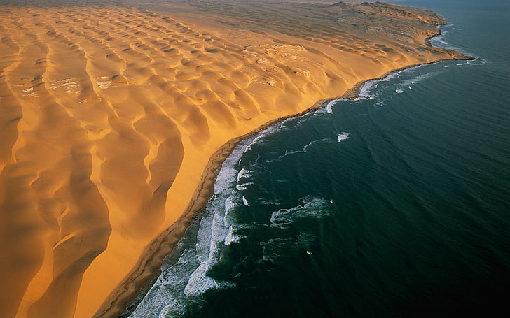 водное пространство, пустыня, Намибия, побережье, пляж, дюна, море, вид с воздуха, природа, пейзаж, песок, волны, HD обои