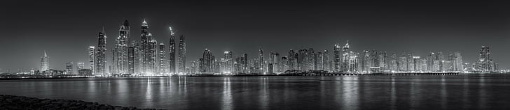 gray scale photography of high-rise building near body of water, Skyline, Dubai Marina, gray scale, photography, high-rise building, body of water, Black  Black, Black and white, BandW, city, cityscape, Dubai  Marina, skyscrapers, Panorama, panoramic, night, nightscape, light, Explore, skyscraper, urban Skyline, architecture, urban Scene, downtown District, famous Place, new York City, built Structure, building Exterior, tower, HD wallpaper
