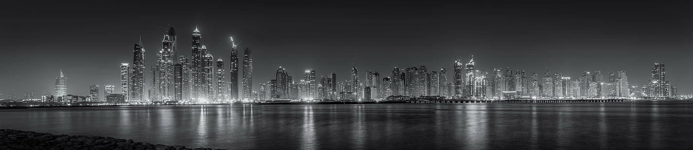 gray scale photography of high-rise building near body of water, Skyline, Dubai Marina, gray scale, photography, high-rise building, body of water, Black  Black, Black and white, BandW, city, cityscape, Dubai  Marina, skyscrapers, Panorama, panoramic, night, nightscape, light, Explore, skyscraper, urban Skyline, architecture, urban Scene, downtown District, famous Place, new York City, built Structure, building Exterior, tower, HD wallpaper HD wallpaper