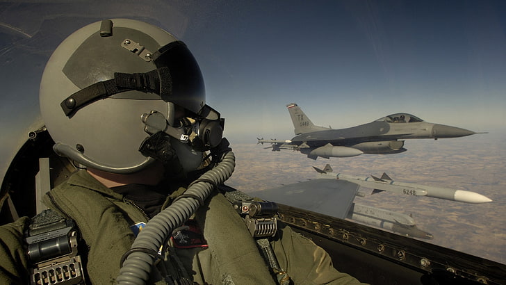 casco da uomo grigio, General Dynamics F-16 Fighting Falcon, Pilote, cockpit, US Air Force, Sfondo HD
