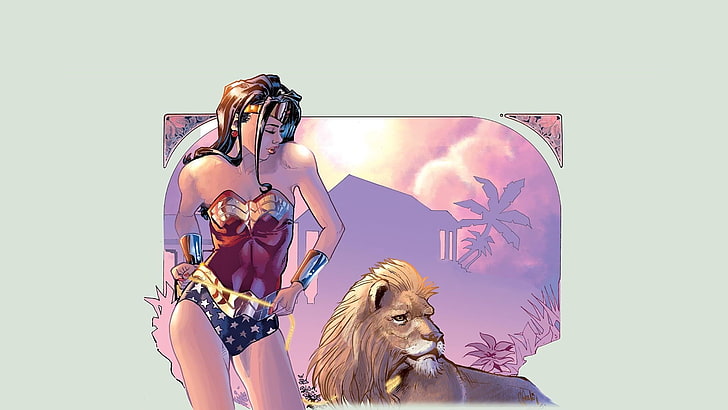 произведения на изкуството, Wonder Woman, супергероини, лъв, HD тапет