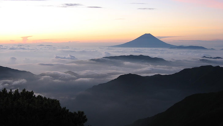 vista de uma montanha com mar de nuvens, monte fuji, japão, montanhas, ásia, paisagem, céu, nuvens, natureza, HD papel de parede