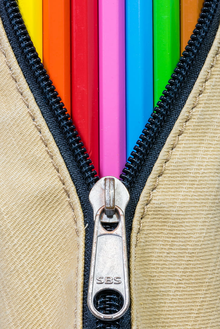 close up photo of black zipper and brown bag, Colors, Redux, close up, photo, Favorite, Theme, pencils, crayon, colorful, zip, macro, still life, Mondays, equipment, close-up, pencil, HD wallpaper