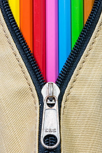close up photo of black zipper and brown bag, Colors, Redux, close up, photo, Favorite, Theme, pencils, crayon, colorful, zip, macro, still life, Mondays, equipment, close-up, pencil, HD wallpaper HD wallpaper