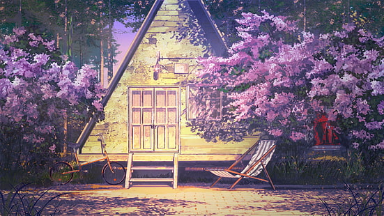 dipinto di casa tra alberi rosa, estate eterna, bicicletta, rosso, viola, triangolo, amache, ArseniXC, Sfondo HD HD wallpaper