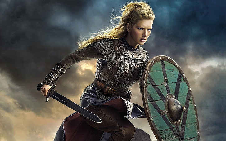 woman holding shield and sword wallpaper, the sky, sword, the series, shield, drama, Vikings, historical, The Vikings, Katheryn Winnick, Lagertha, HD wallpaper