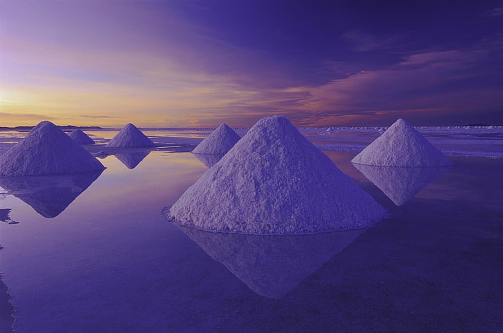 海の塩、ウユニ塩、塩、砂漠、水、ボリビア、反射、ピラミッド、自然、風景、 HDデスクトップの壁紙