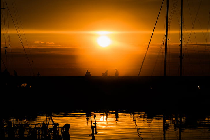 Silhouette photo of buildings during sunset, Sunset, Marina, Silhouette, photo, buildings, Skanör, harbour, exif, model, canon eos, 760d, aperture, ƒ / 11, geo, country, camera, iso_speed, state, focal_length, mm, lens, ef, s18, f/3.5, city, geo:location, canon, sea, nautical Vessel, dusk, sun, back Lit, sunrise - Dawn, sunlight, vacations, water, summer, nature, people, travel, orange Color, outdoors, HD wallpaper