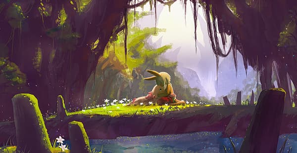 art numérique, Made in Abyss, Nanachi (Made in Abyss), Mitty (Made in Abyss), étreindre, herbe, eau, arbres, fleurs, Fond d'écran HD HD wallpaper