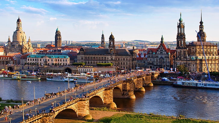 brown concrete bridge near town during daytime, architecture, city, cityscape, trees, building, Dresden, Germany, bridge, old bridge, old building, church, cathedral, tower, ship, water, river, crowds, clouds, Portugal, Helena Coelho, HD wallpaper