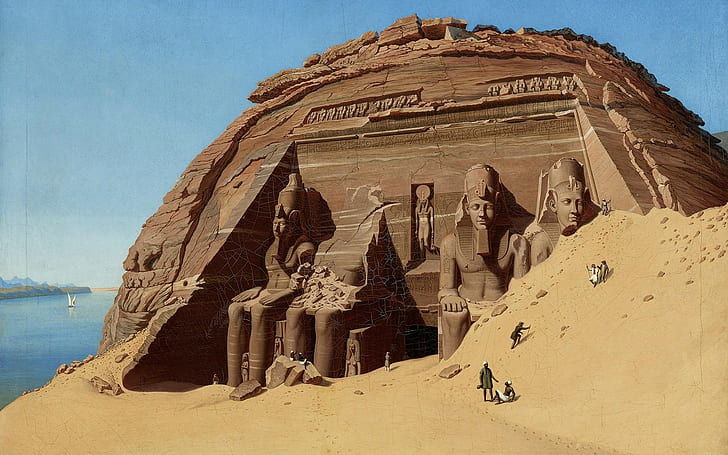 sculpture, men, Abu Simbel, gods, dune, rock, Hubert Sattler, sand, river, Egyptian, ancient, statue, water, Nile, artwork, Ra, Egypt, HD wallpaper