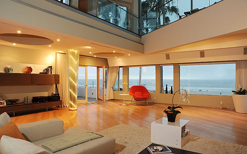roter Gewebesessel und quadratischer weißer Holztisch, Raum, Haus, Luxus, Art, modern, Innenraum, HD-Hintergrundbild HD wallpaper