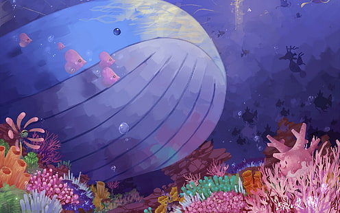 Pokemon, Ocean, Underwater, Whale, Fish, teal whale under water swimming near pink school of fishes illustration, pokemon, ocean, underwater, whale, fish, HD wallpaper HD wallpaper