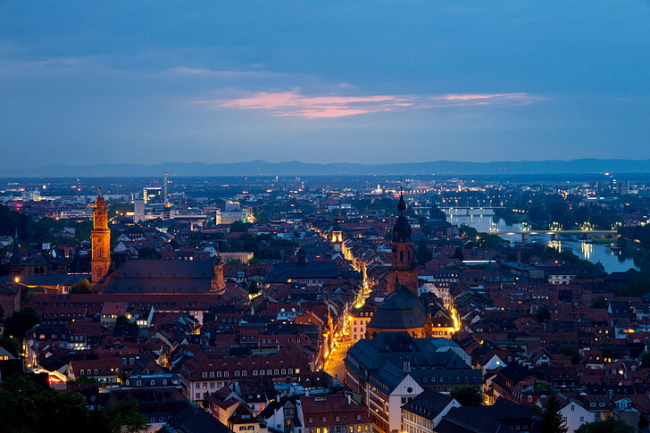 matahari terbenam, kota, rumah, malam, Jerman, panorama, jalan, Heidelberg, Wallpaper HD