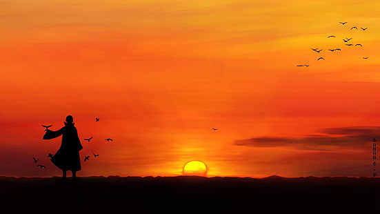 شخص تحت غروب الشمس خلفية رقمية ، أنيمي ، ناروتو شيبودن ، أوتشيها إيتاشي ، غروب الشمس ، صورة ظلية ، الطيور، خلفية HD HD wallpaper