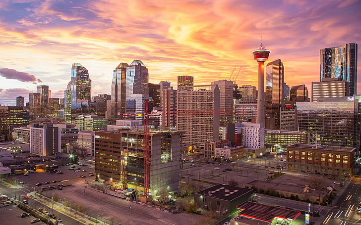 Canadá, Calgary, Alberta, ciudad, paisaje urbano, puesta de sol, Fondo de pantalla HD