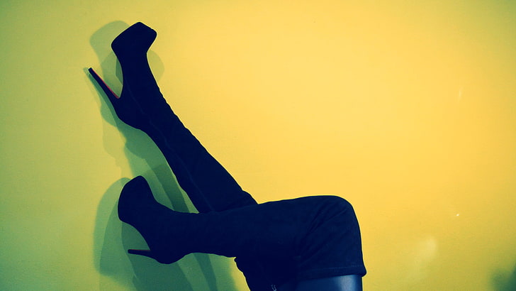 pair of black thigh-high boots, boots, heels, legs, women, thigh-highs, simple, HD wallpaper