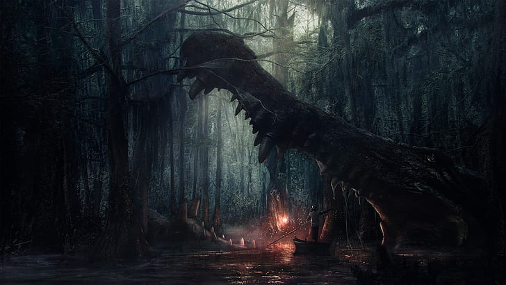bosque, oscuridad, árbol, cocodrilo, pantano, pantano, humedal, monstruo, boca, dientes, ficción, selva, Fondo de pantalla HD