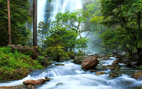 Тайланд Водопади пада от височина Река Скали Камъни Зелена гора Красиви HD тапети за работен плот, HD тапет HD wallpaper