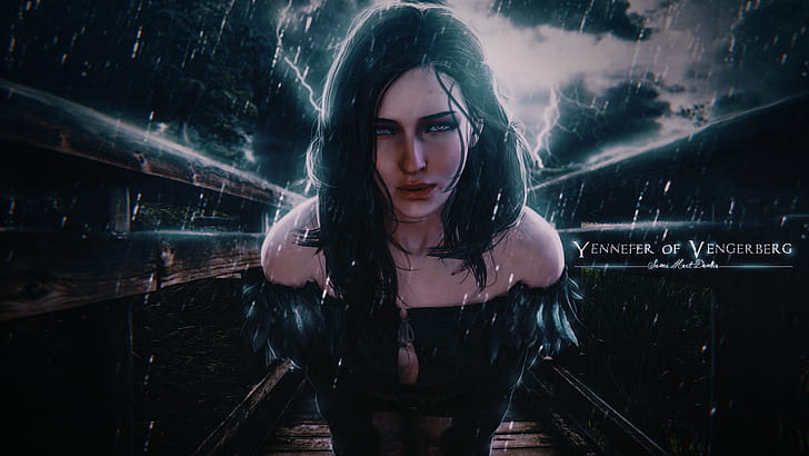The Witcher 3: Perburuan Liar, video game, Yennefer dari Vengerberg, The Witcher, manipulasi foto, kilat, hujan, gadis fantasi, Wallpaper HD