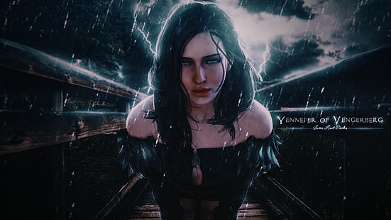 The Witcher 3: Perburuan Liar, video game, Yennefer dari Vengerberg, The Witcher, manipulasi foto, kilat, hujan, gadis fantasi, Wallpaper HD HD wallpaper