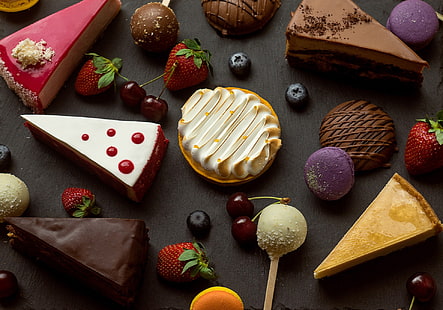 ciliegia, fragola, caramella, dolci, torte, dessert, torte, mirtilli, tagli, Sfondo HD HD wallpaper