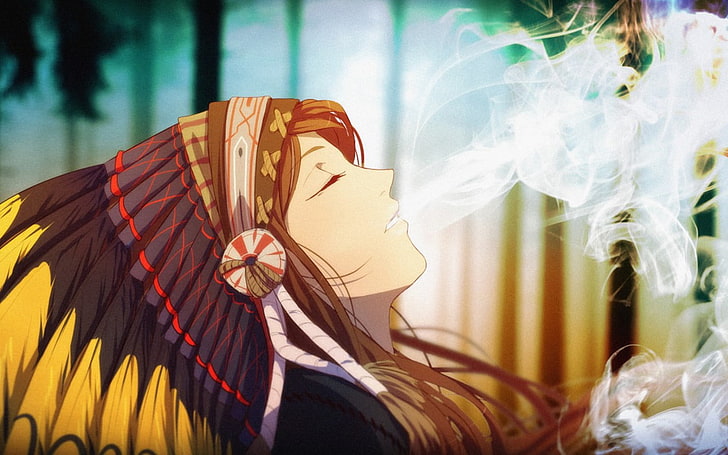 индейские аниме графические обои, курение, дым, индейская одежда, HD обои