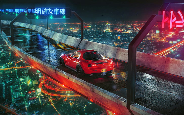 Mazda rx7, coche, Khyzyl Saleem, ciudad, 3D, neón, render, puente, Fondo de pantalla HD