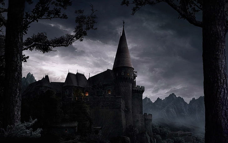 Château effrayant, impression d'art de château noir, château, effrayant, gothique, sombre, effrayant, Fond d'écran HD