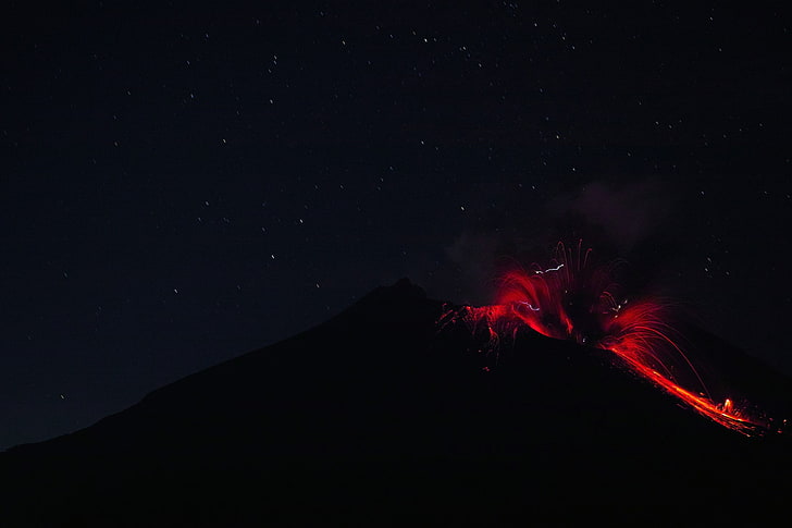 пейзаж, нощ, вулкан, изригвания, HD тапет