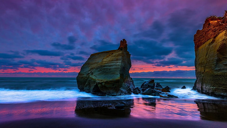 coast, tasman sea, new zealand, taranaki, sunset, evening, calm, reflection, wave, nature, rock, ocean, shore, water, sky, sea, waipipi beach, HD wallpaper