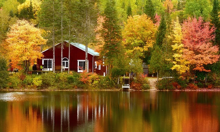 осень, деревья, озеро, дом, Канада, Квебек, Квебек, Мон-Тремблан, HD обои