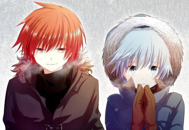 Las personas de pelo rojo y blanco con abrigos ilustración, Anime, Aula de asesinato, Karma Akabane, Nagisa Shiota, Fondo de pantalla HD