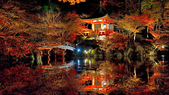 Asiatisk arkitektur, gren, bro, höst, skog, Japan, sjö, löv, ljus, natur, natt, reflektion, sten, trappor, träd, vatten, HD tapet HD wallpaper