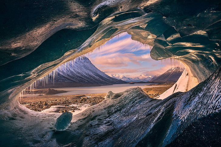 Canadá, cueva, frío, escarcha, hielo, carámbano, isla, paisaje, montaña, naturaleza, pico nevado, Fondo de pantalla HD