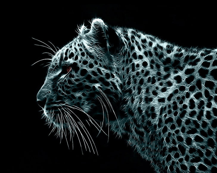 papel de parede gráfico de leopardo, leopardo, fundo preto, Fractalius, animais, arte digital, fundo simples, leopardo (animal), HD papel de parede