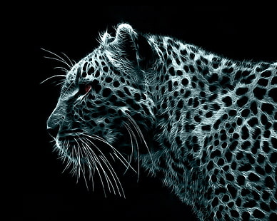 papel tapiz gráfico de leopardo, leopardo, fondo negro, Fractalius, animales, arte digital, fondo simple, leopardo (animal), Fondo de pantalla HD HD wallpaper