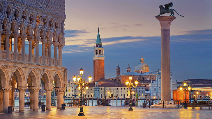 San Giorgio Maggiore-kyrkan, himmel, turistattraktion, Venedig, stad, Italien, kolumn, torg, kväll, byggnad, piazza San Marco, turism, torn, HD tapet