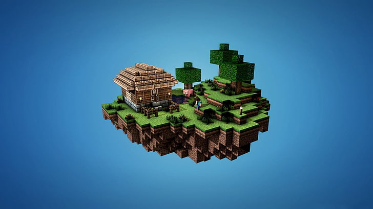 Wallpaper desa Minecraft, Minecraft, video game, rumah, pulau terapung, latar belakang sederhana, Wallpaper HD