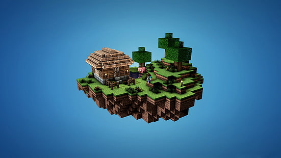 Minecraft village обои, Minecraft, видеоигры, дом, плавучий остров, простой фон, HD обои HD wallpaper