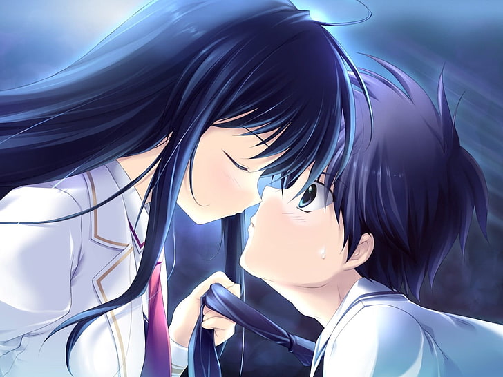 two girl and boy anime character digital wallpaper, kiss, devil, and darjeeling tea, girl, guy, tie, HD wallpaper