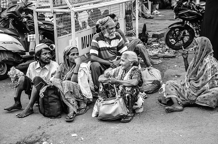 aged, beard, black and white, clothes, conversation, crowd, dirty, elder, facial hair, family, group, homeless, man, monochrome, motorcycles, old, people, sitting, street, talking, togetherness, wear, woman, HD wallpaper