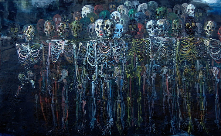 skeletons painting, digital art, skeleton, bones, ribs, skull, painting, creepy, artwork, HD wallpaper