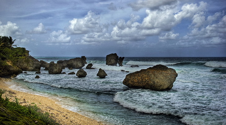 A Beach, Barbados, Travel, Islands, Beach, Waves, Water, Cloudy, Sand, Rocks, Clouds, Stones, barbados, benab, saintandrew, HD wallpaper