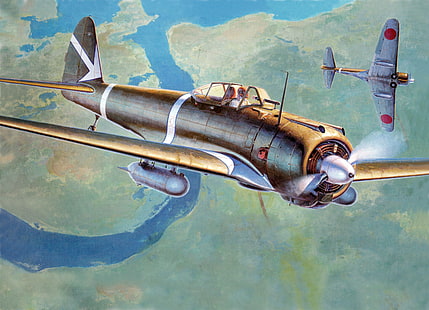 brown and gray military aircraft painting, the sky, figure, art, aircraft, Japanese, WW2, army, Nakajima Ki-43 Hayabusa, single-seat fighter, (Type 1), HD wallpaper HD wallpaper